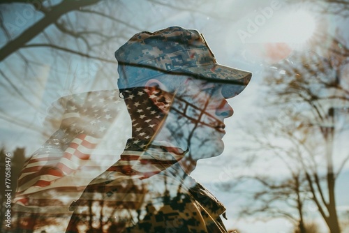 Stars and Stripes Within: An American flag ripples in the wind, interwoven with the silhouette of a veteran. A double exposure portraying the enduring spirit of patriotism and the weight of war memori photo