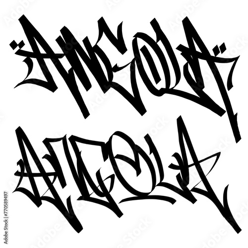 ANGOLIA letter the country name on the world digital illustration graffiti handstyle signature symbol tags painting with black and white color (ID: 770589497)