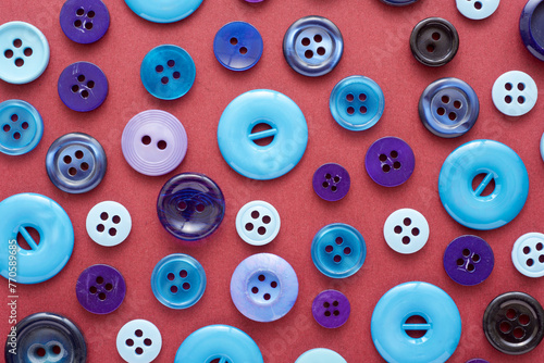 Large group of blue clothing buttons