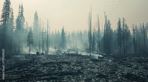 A dense forest partially burned aftermath of a wildfire under a smoky sky.
