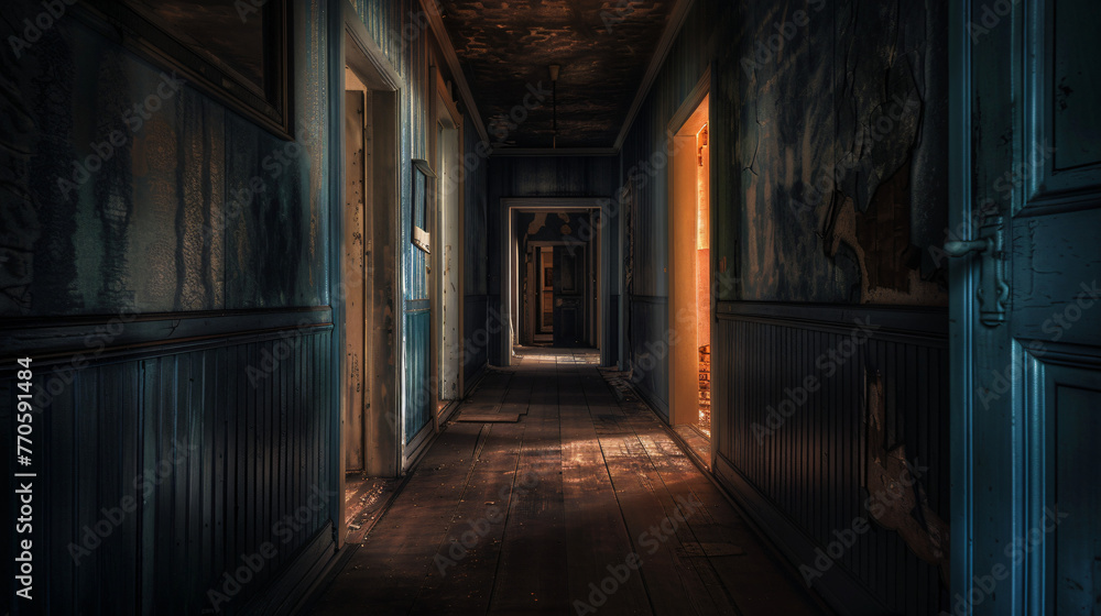 A dim hallway with doors slightly ajar symbolizing choices and uncertainty in ones path.