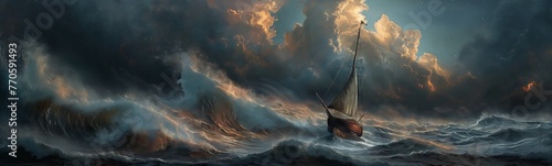 A real photographic landscape painting with incomparable reality,Super wide,Ominous sky,Sailing boat,Wooden boat,Lotus,Huge waves