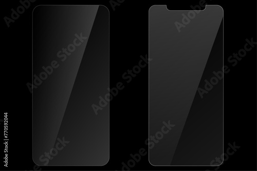 Set of protective glass for phone. Realistic reflection. Glass on black background. Realistic transparent glass window in rectangle frame. Vector illustration.	