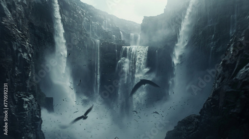 A dramatic waterfall plunging into a rugged canyon with birds flying around the mist. photo