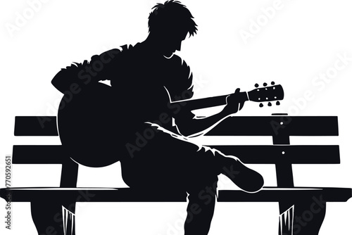 Silhouette of a guitarist on a bench vector illustration isolated on white background