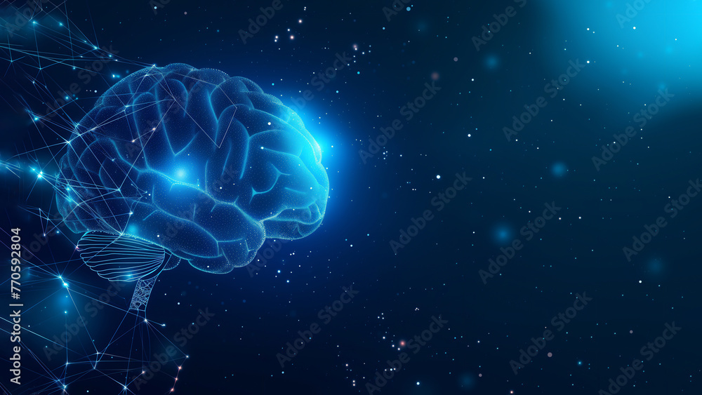 Blue neon human brain showing intelligent thinking, processing through the concept of a neural network circuit of big data and artificial intelligence, stock illustration image Blue neon human brain showing intelligent thinking, processing through the concept of a neural network circuit of big data and artificial intelligence, stock illustration image