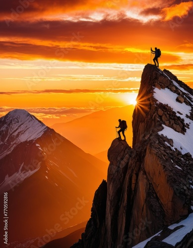 A climber is silhouetted against a striking sunset, poised on the sharp crest of a snowy mountain. The image captures the spirit of adventure and the dramatic beauty of mountain sports.