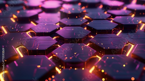 Abstract hexagonal pattern with glowing neon edges, symbolizing connectivity and advanced technology.