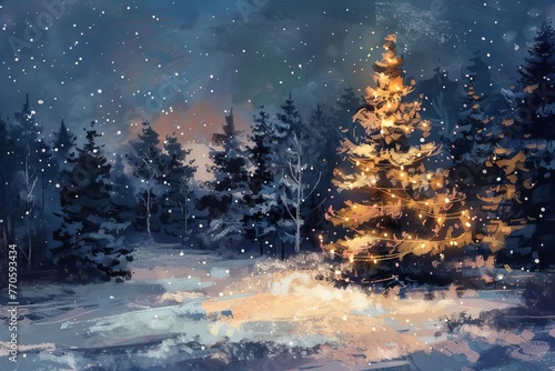 Sparkling Christmas Tree Landscape at Night, Festive Winter Holiday Scene, Digital Painting © furyon