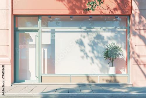 Sun-kissed storefront with a vibrant facade and a plant, showcasing a blank canvas for branding.