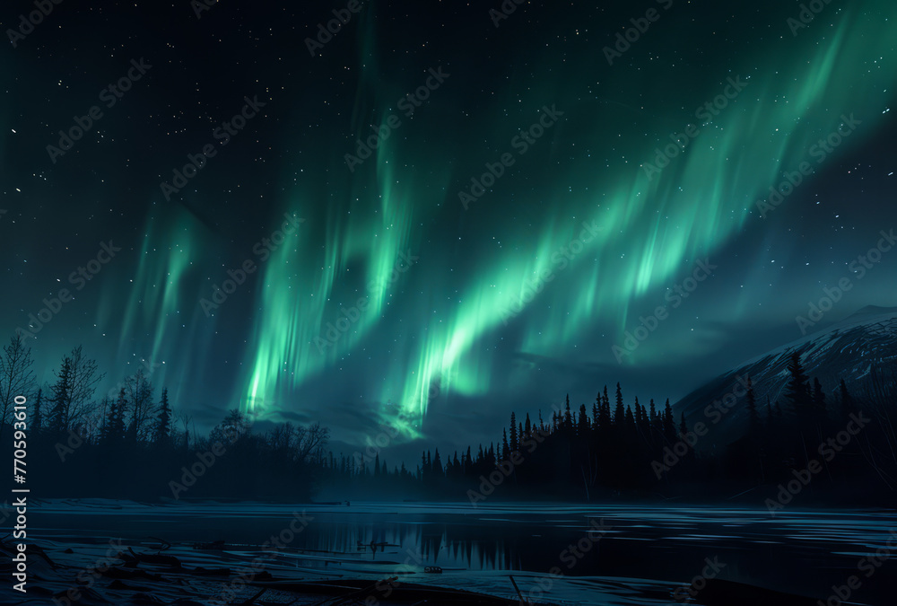 The sky is filled with green auroras and stars. Concept of wonder and awe at the beauty of nature