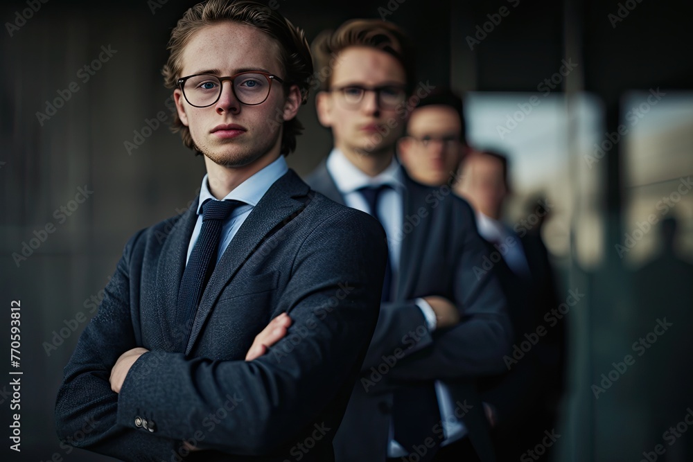 young manager in business suit and tie standing with other men, in the style of narrative depictions, dark and brooding designer, furaffinity, photo taken with provia, non-representational forms, young manager in business suit and tie standing with other men, in the style of narrative depictions, dark and brooding designer, furaffinity, photo taken with provia, non-representational forms,