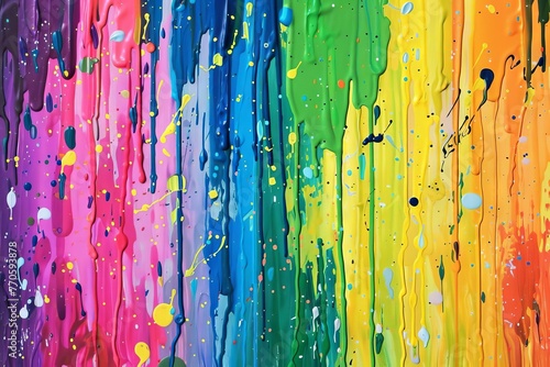 Vibrant abstract paint splatter background with liquid drips and splatters in rainbow colors, acrylic