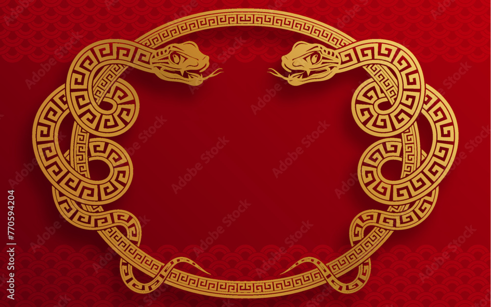 Happy chinese new year 2025 the snake zodiac sign with flower,lantern,asian elements snake logo red and gold paper cut style on color background. ( Translation : happy new year 2025 year of the snake Happy chinese new year 2025 the snake zodiac sign with flower,lantern,asian elements snake logo red and gold paper cut style on color background. ( Translation : happy new year 2025 year of the snake