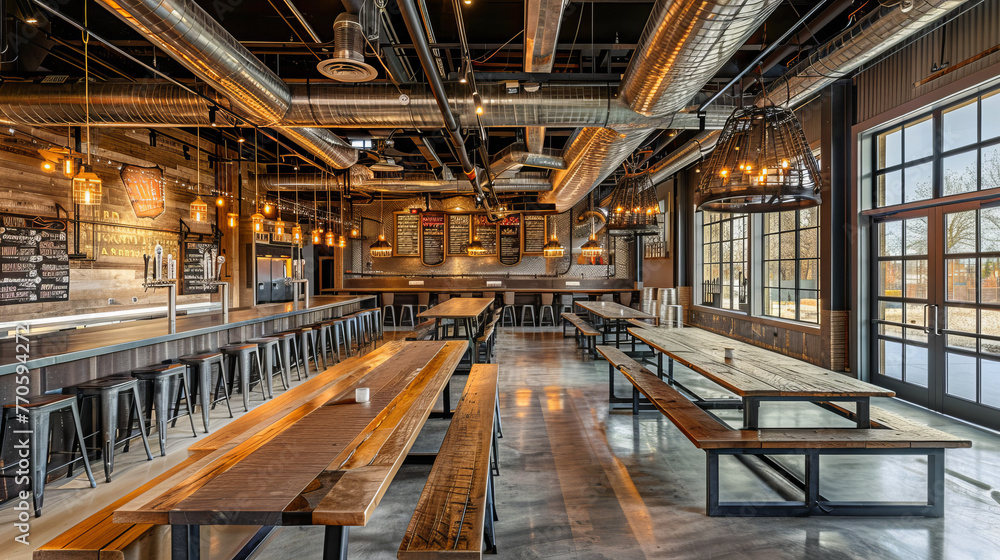 Industrial chic brewpub interior with a variety of seating options and an inviting atmosphere for social gatherings