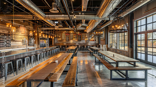 Industrial chic brewpub interior with a variety of seating options and an inviting atmosphere for social gatherings © road to millionaire