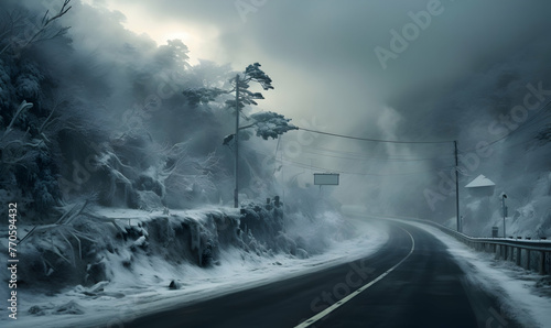 Winter landscape with road and trees in the fog. 3d rendering