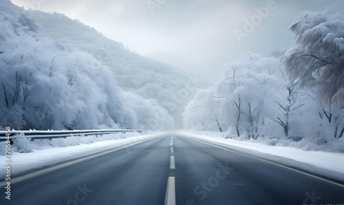 Winter landscape with road and trees in the fog. 3d rendering © Ilham