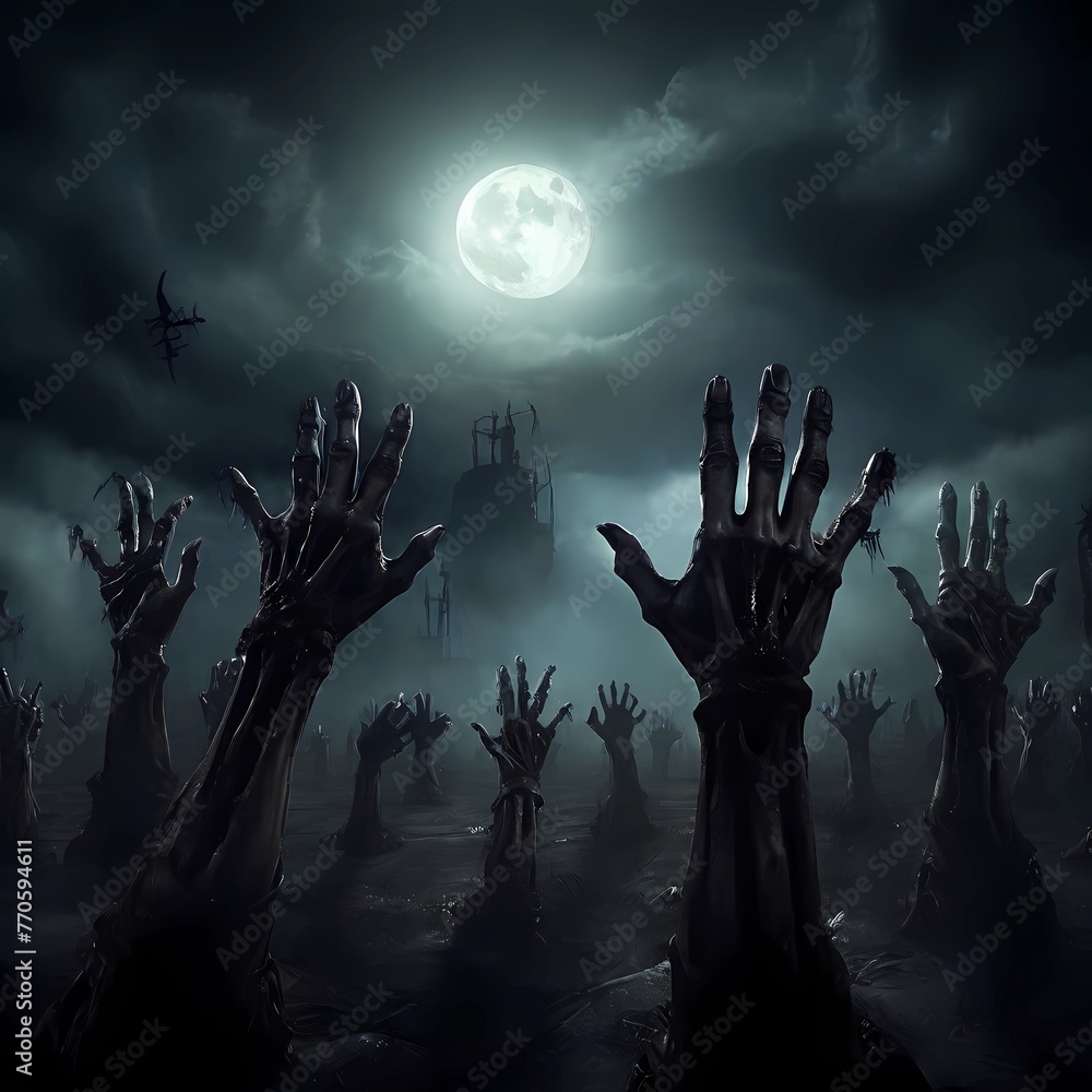 Nightmare Unearthed: Zombie Hands Rising from the Grave in a Halloween Night Scene