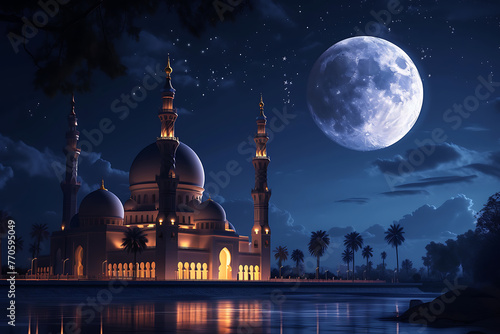 Serene mosque by the water at night with a full moon, reflecting Islamic culture and ramadan kareem. Generative ai