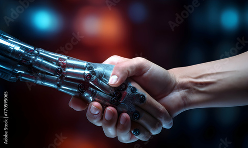 Robot hand touching human hand on dark background 3D rendering