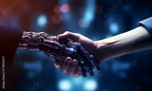 Robot hand touching human hand on dark background 3D rendering