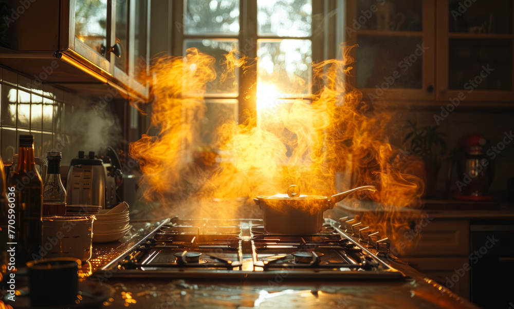A pot of boiling water is on a stove in a kitchen. The steam from the pot is rising and filling the room