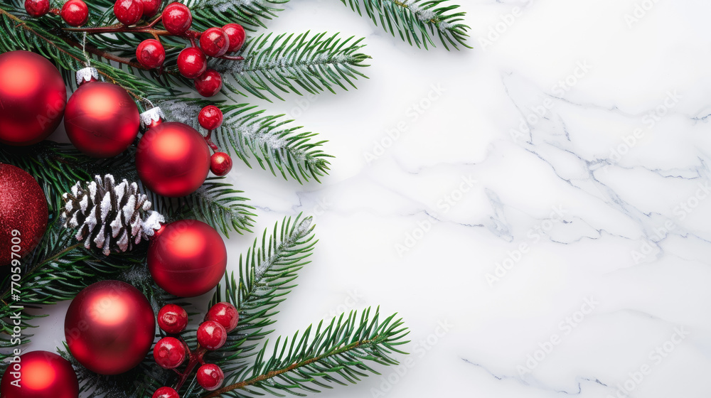 A white background with red and green Christmas decorations. The decorations include red balls, pine cones, and green leaves