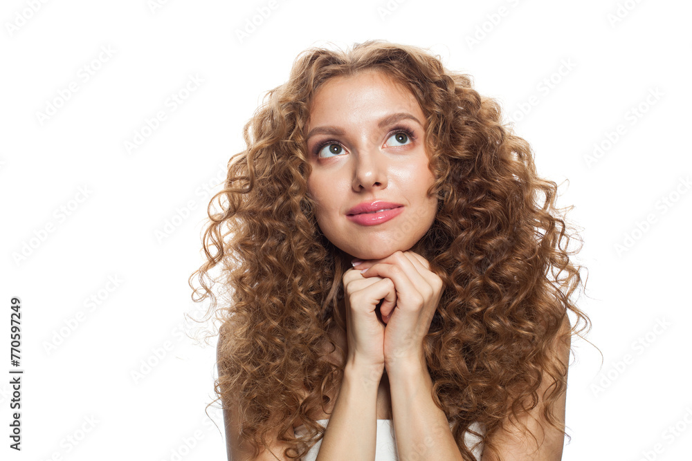 Bright young woman with natural make-up, clear fresh skin and wavy hairstyle on white background Bright young woman with natural make-up, clear fresh skin and wavy hairstyle on white background