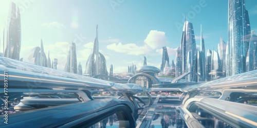 Futuristic City Skyline with Flying Vehicles in Sci-Fi Cyberpunk Environment