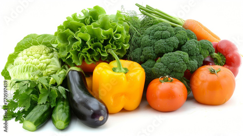 A variety of vegetables and fruits are displayed on a white background. The vegetables include broccoli  carrots  and tomatoes  while the fruits include a banana and an orange