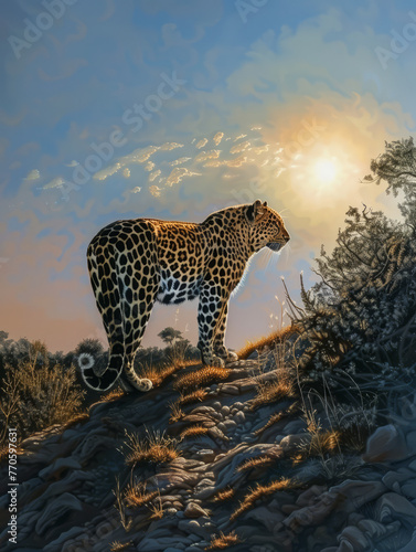 A leopard is standing on a rocky hillside  looking up at the sun. The scene is serene and peaceful  with the sun shining brightly in the sky