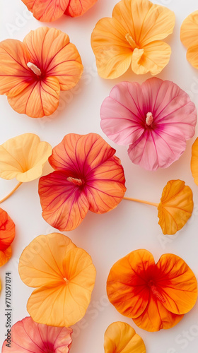 A close up of many orange and pink flowers. The flowers are arranged in a way that they look like they are in a bouquet. Scene is cheerful and bright, as the colors of the flowers are vibrant