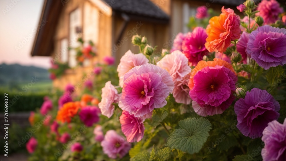 Pink Hollyhock Flowers Close-Up Macro Shot with Dreamy Blur Background and the Flowers are Sparkling with Sunlight Pink Hollyhock Flowers Close-Up Macro Shot with Dreamy Blur Background and the Flowers are Sparkling with Sunlight