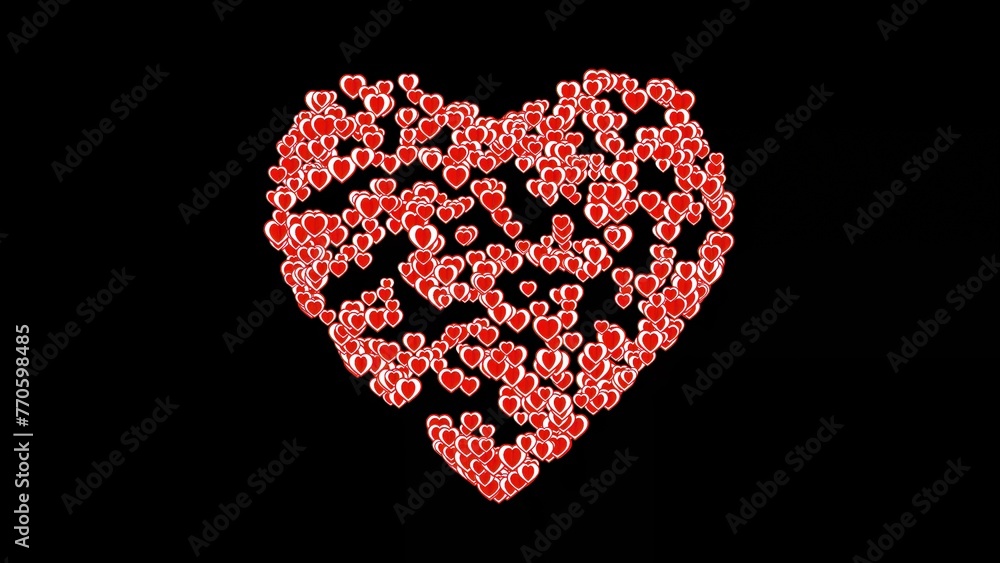 Beautiful illustration of heart shape with red hearts on plain black background