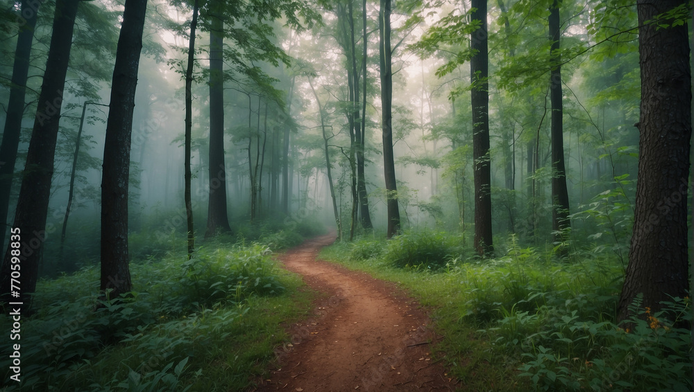 a path winding through a misty forest. a path winding through a misty forest.