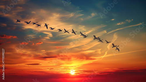 A flock of migratory birds flying in a V formation across a sunset sky symbolizing harmony and journey. photo