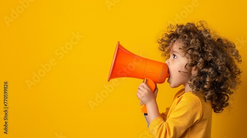 A little girl with curly hair uses an orange megaphone to make an announcement
