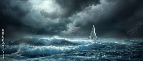 A lone sailboat facing tumultuous waves in a stormy sea under dark skies.