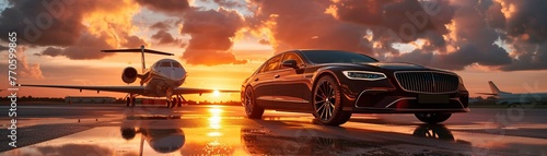 A luxury sedan car parked on an airstrip beside a private jet against a stunning sunset backdrop photo