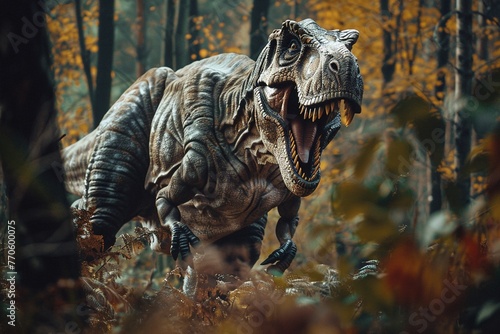 A roaring Tyrannosaurus Rex stands menacingly in a prehistoric forest