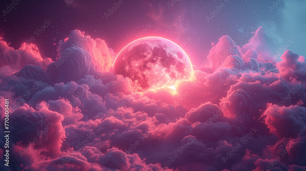 Spectacular sunset with neon glow of the moon and clouds.