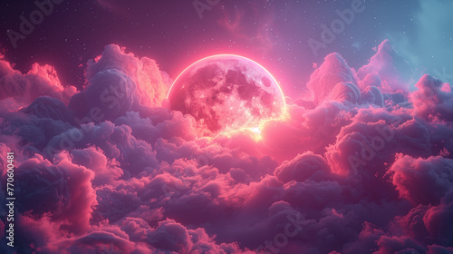 Spectacular sunset with neon glow of the moon and clouds.