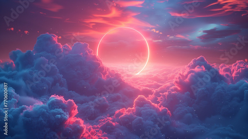 Glowing pink neon ring against soft clouds background
