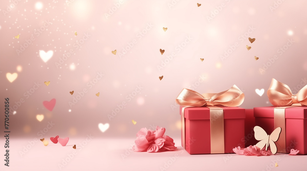Background valentine's day,Mother's day, gift box with golden heart,Bokeh and butterfly,with space for your text.