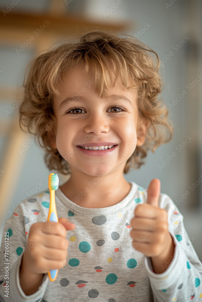 A curly haired child with a bright smile gives a thumbs up while holding a toothbrush A curly haired child with a bright smile gives a thumbs up while holding a toothbrush