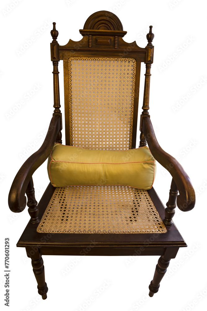 Retro wooden chair in brown color with yellow cushion. Front view. - obrazy, fototapety, plakaty 