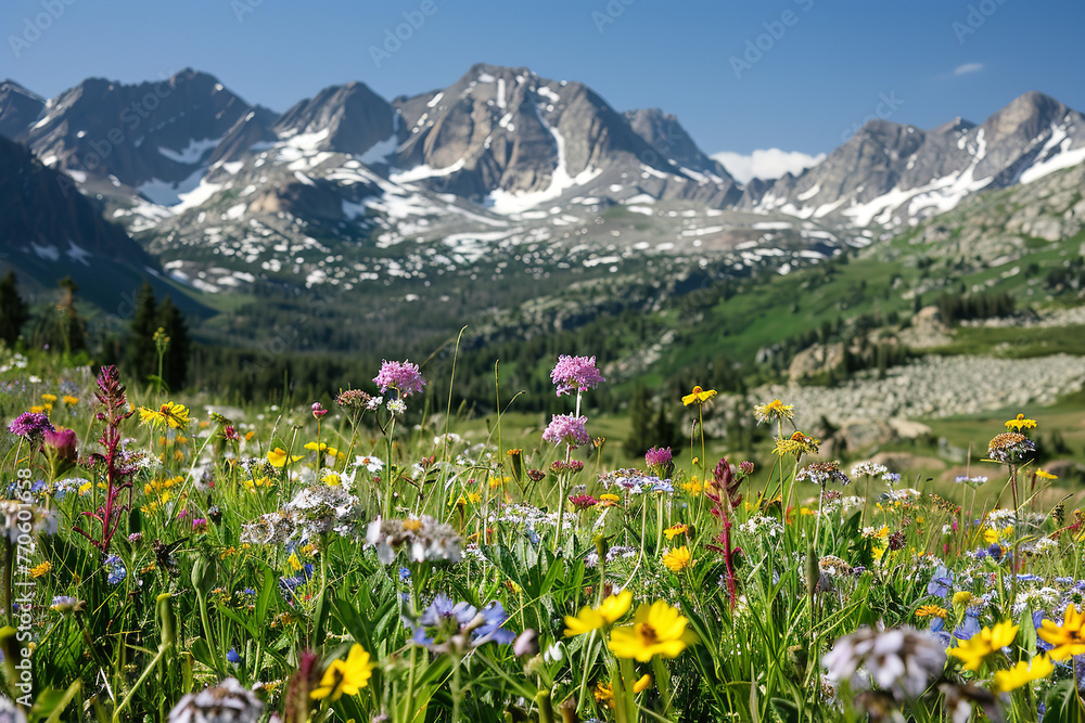 Alpine Bloom: Wildflowers and Snow-Capped Peaks Under Blue Skies
