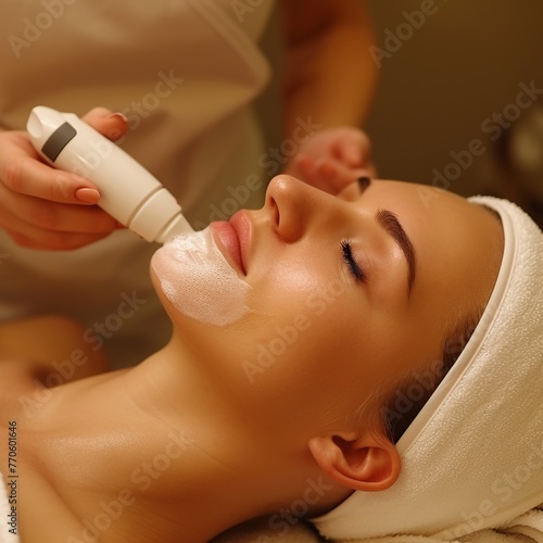 Woman wearing a mask on her face in a spa beauty salon. The cosmetologist applies a mask to the client's face. A specialist gives a woman a facial in an aesthetic clinic. Сosmetology and beauty.
