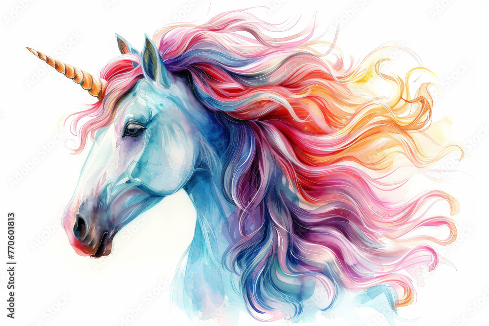 A whimsical, hand-drawn clipart of a pastel watercolor unicorn, mane flowing with the colors of the spring, isolated on white A whimsical, hand-drawn clipart of a pastel watercolor unicorn, mane flowing with the colors of the spring, isolated on white